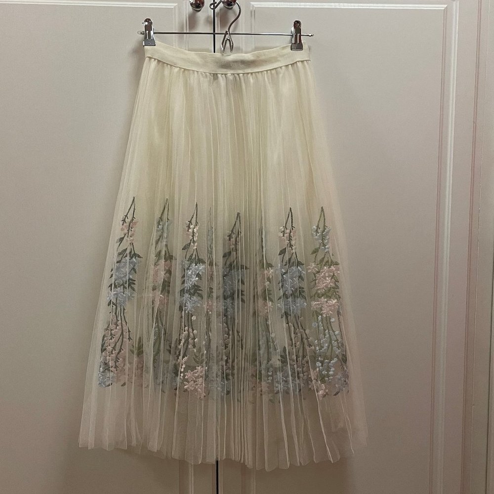 Moon Collection Balletcore Ivory, Blue and Pink Floral Tulle Midi Skirt Size S/M
